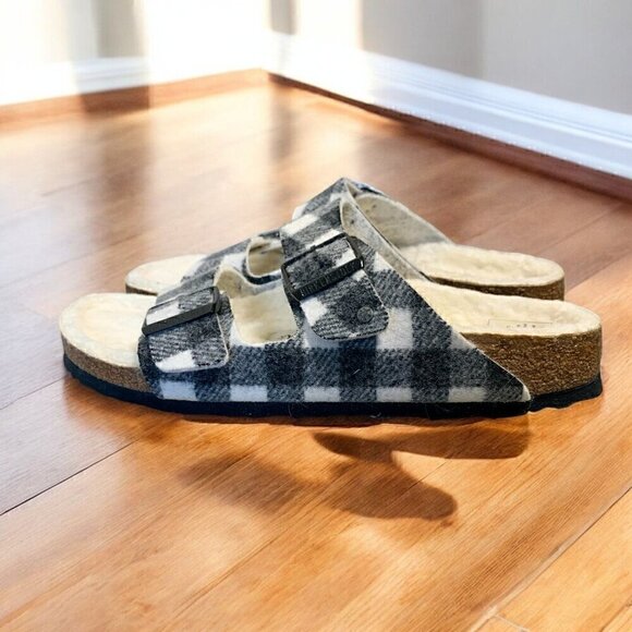 BIRKENSTOCK Arizona Shearling Wool Black & White Plaid Sandal W Sz 9 Narrow NWT - Picture 6 of 15